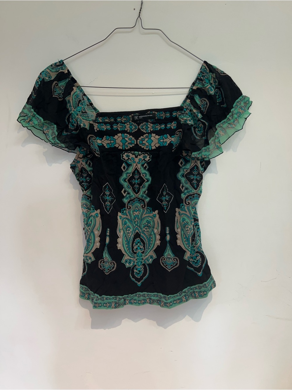 INTERNATIONAL CONCEPTS BLACK AND TURQUOISE PATTERNED TANK TOP